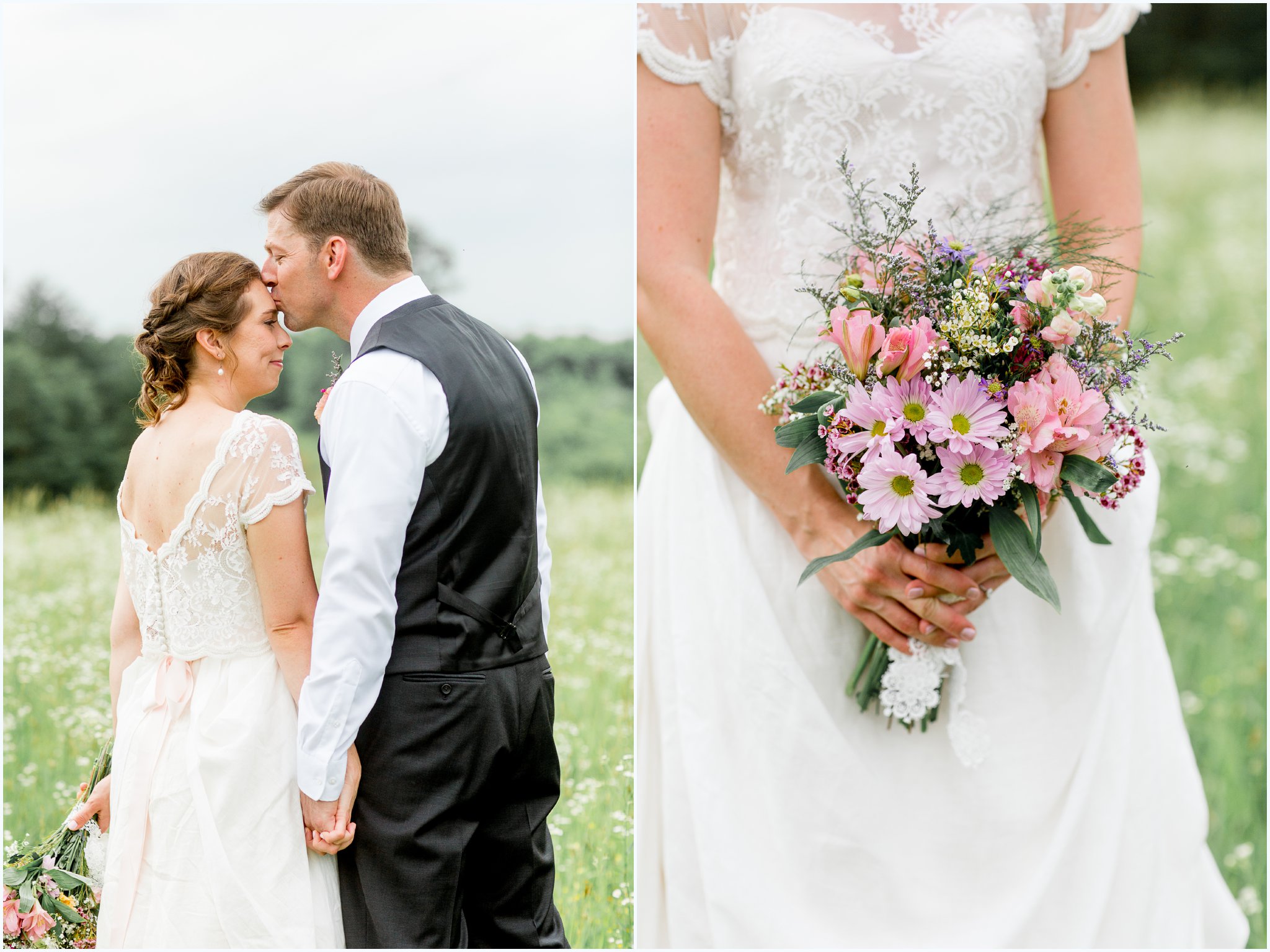 Handmade lace wedding dress and florals