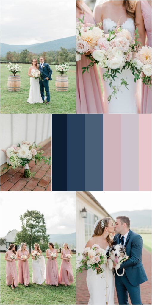 Pink and Cream wedding at King Family Vineyard In Charlottesville Virginia | Photos with Dog for weddings